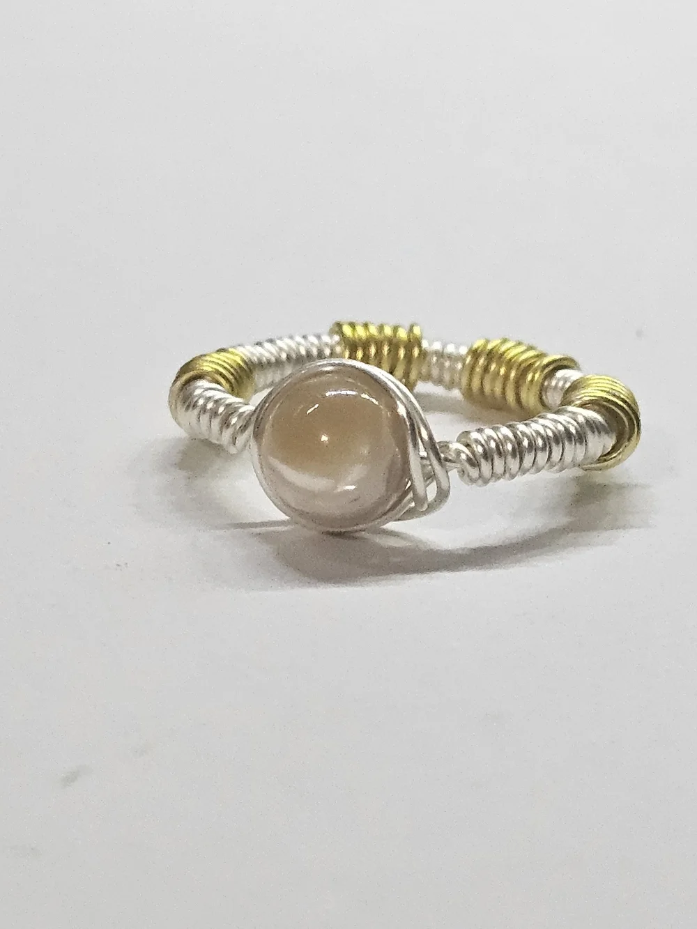 Handcrafted Two-Tone Wire Wrapped Beige Stone Ring